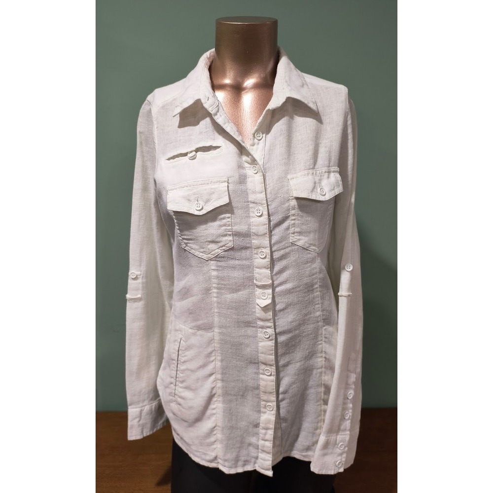 Free People White Linen Blend Roll Tab Sleeve Button Down Shirt/Jacket Small S/P